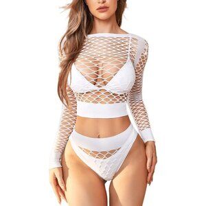 🆕 Women White Sexy Mesh Lingerie Fishnet Babydoll Long Sleeve Bodysuit Shirts